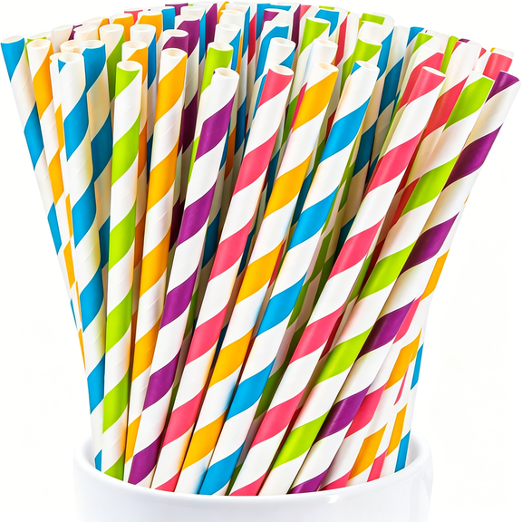 BPPEG 100Pcs Stripe Drinking Straws-Disposable Straws 7.7 Inch Small Colourful Kraft Paper Straws Bulk,For Coffee,Milk,Juice,Cocktail and Suit for Birthday Parties,Weddings,Picnic