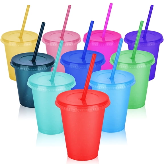 BPPEG 10Pcs Reusable Plastic Cups with Lids and Straws,16Oz Colorful Straw Iced Coffee Travel Mug,Adults Plastic Cups for Parties,Tumblers Bulk Coffee Tumbler with Straw