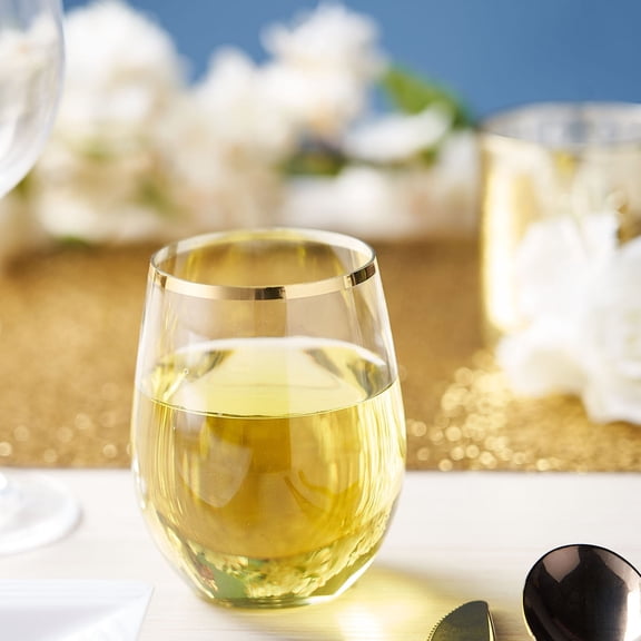 BPPEG 12 Pack-14oz Clear Disposable Wine Glasses,Plastic Stemless Wine Tumbler with Gold Rim for Parties,Weddings,Picnics,Catered Events Elegant disposable cups