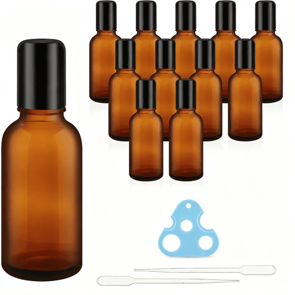 BPPEG 12 Pcs 30Ml/1Oz Amber Glass Essential Oil Bottles with Stainless Steel Roller Ball Refillable Roll-On Bottles Leak-Proof Containers for Lotion Deodorant Massage Oil Perfume