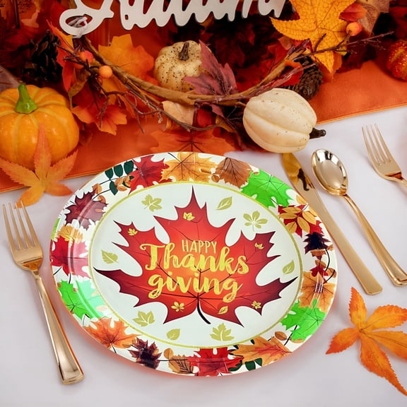 BPPEG 12 Pcs Maple Leaf Pumpkin Print Round Paper Plates - Disposable Thanksgiving Tableware for Harvest Party Decor and Family Gathering Celebration Thanksgiving Plates Disposable
