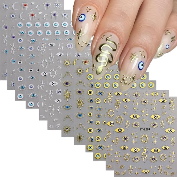 BPPEG 12 Sheet Gold Eye Nail Stickers Decals 3D Self Adhesive Goth Nails Decals Gold Silver Sun Star Nail Art Stickers Metallic Snake Horror Eye Gothic Design Sticker for Women Manicure Decoration