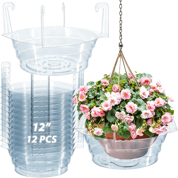 BPPEG 12Pcs Hanging Plant Water Catcher Tray,12In Clear Drip Pan Saucers for Hanging Planters&Pots,Indoor Self Watering Accessories for Hanging Plant Baskets(12"X12P)