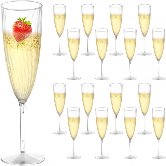 BPPEG 16 Pack Disposable Champagne Flutes,6Oz Clear Wine Cups,Plastic Champagne Glasses with Long Stem,Glitter Cocktail Glasses for Home Daily Life Party Birthday Wedding Toasting Drinking