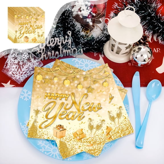 BPPEG 16 Piece White Gold New Year Tableware, Disposable Paper Plates Cups, 7 inch 9 inch Party Set, Holiday Themed Napkins, for Family Gathering Celebration, Festive Dining Collection