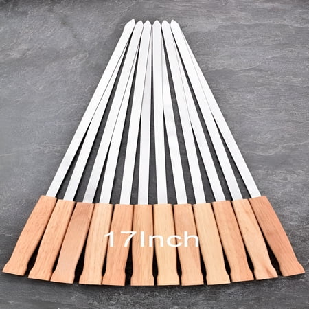BPPEG 17-Inch 12 Pack Long Flat Bbq Skewers,Stainless Steel 3/8 Inch Wide Blade with Hardwood Handle,Barbecue Skewers for Grilling Meat,Chicken,Shrimp,Vegetables - Set of 12