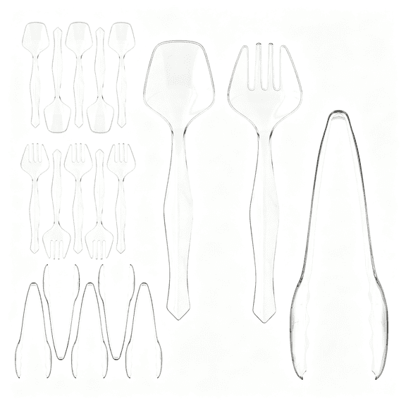 BPPEG 18 Pcs Clear Plastic Serving Utensils Set - 6 Clear Plastic Serving Spoons, 6 Tongs and 6 Forks - Heavy Duty Disposable Serving Utensils Set for Parties