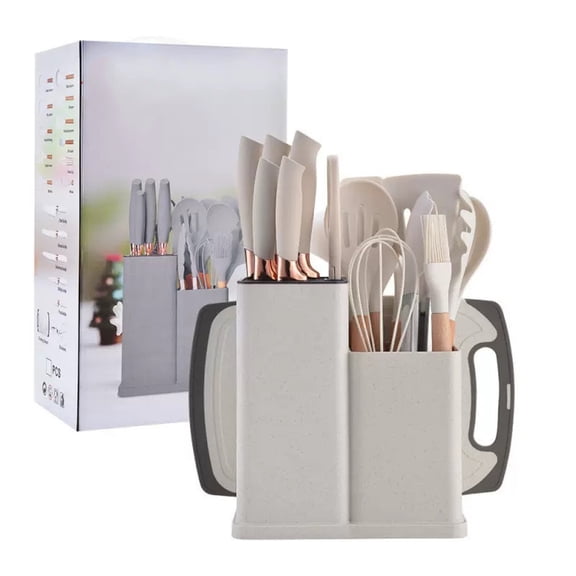 BPPEG 19Pcs Kitchen Utensils Set for Cooking, 11 Cooking Utensils, 6 Knife Set Beige,3 Utensil Sets,Utensilios De Cocina Kitchen Essentials