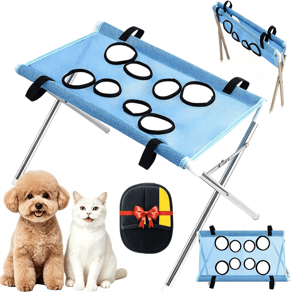 BPPEG 2-In-1 Foldable Pet Grooming Bed Bathing Stand with Strap, Quick Dry Mesh Table Secure Support Nail Trimming Slingent