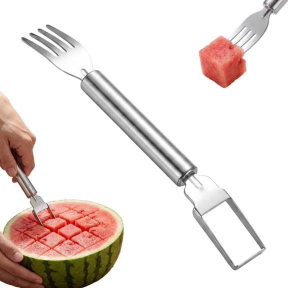 BPPEG 2-In-1 Watermelon Fork Slicer, Stainless Steel Fruit Cutter, Dual Head Watermelon Slicer Tool for Cubes, Portable Melon Cutter for Home Kitchen Picnic Party Camping (1 Pc)