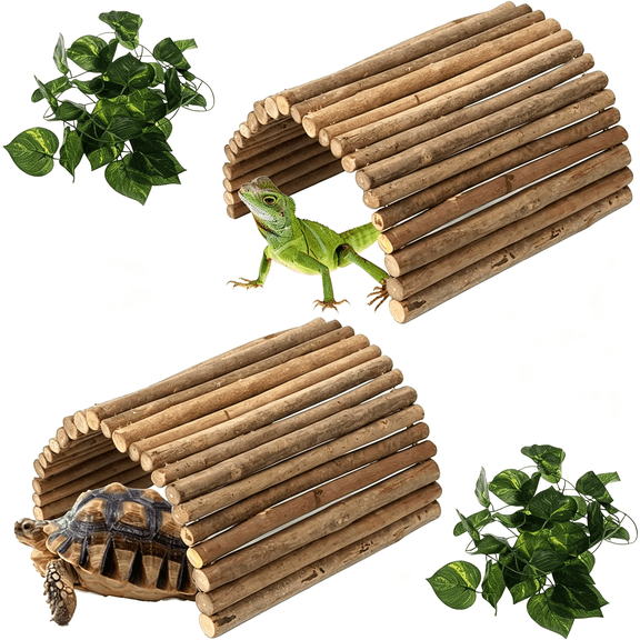 BPPEG 2 PCS Extra Large Wooden Reptile Hideout Bearded Dragon Bendy Bridge Climbing Ladder Hiding Hut Reptiles Hide Cave Habitat Decor for Lizards Gecko Spiders Snakes Tortoise(20" x 11.8")