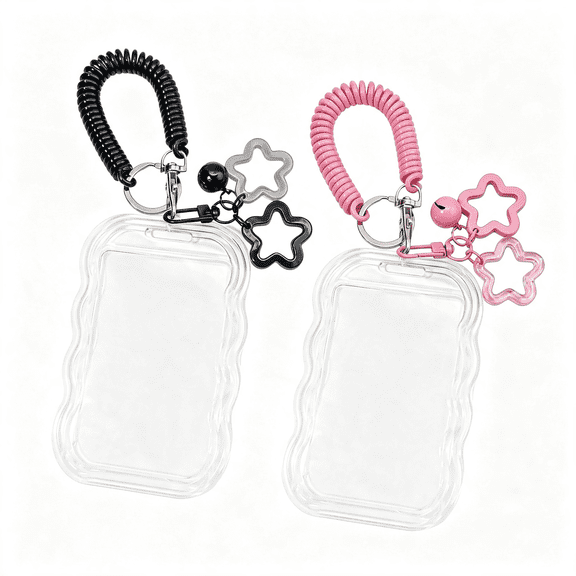 BPPEG 2 Pack Acrylic Card Holder Keychain,Cute Photo Card Holder for Student Id,Bus Pass,Campus Meal Card & Polaroid Photos,Transparent Card Sleeve with Keychain,Black & Pink