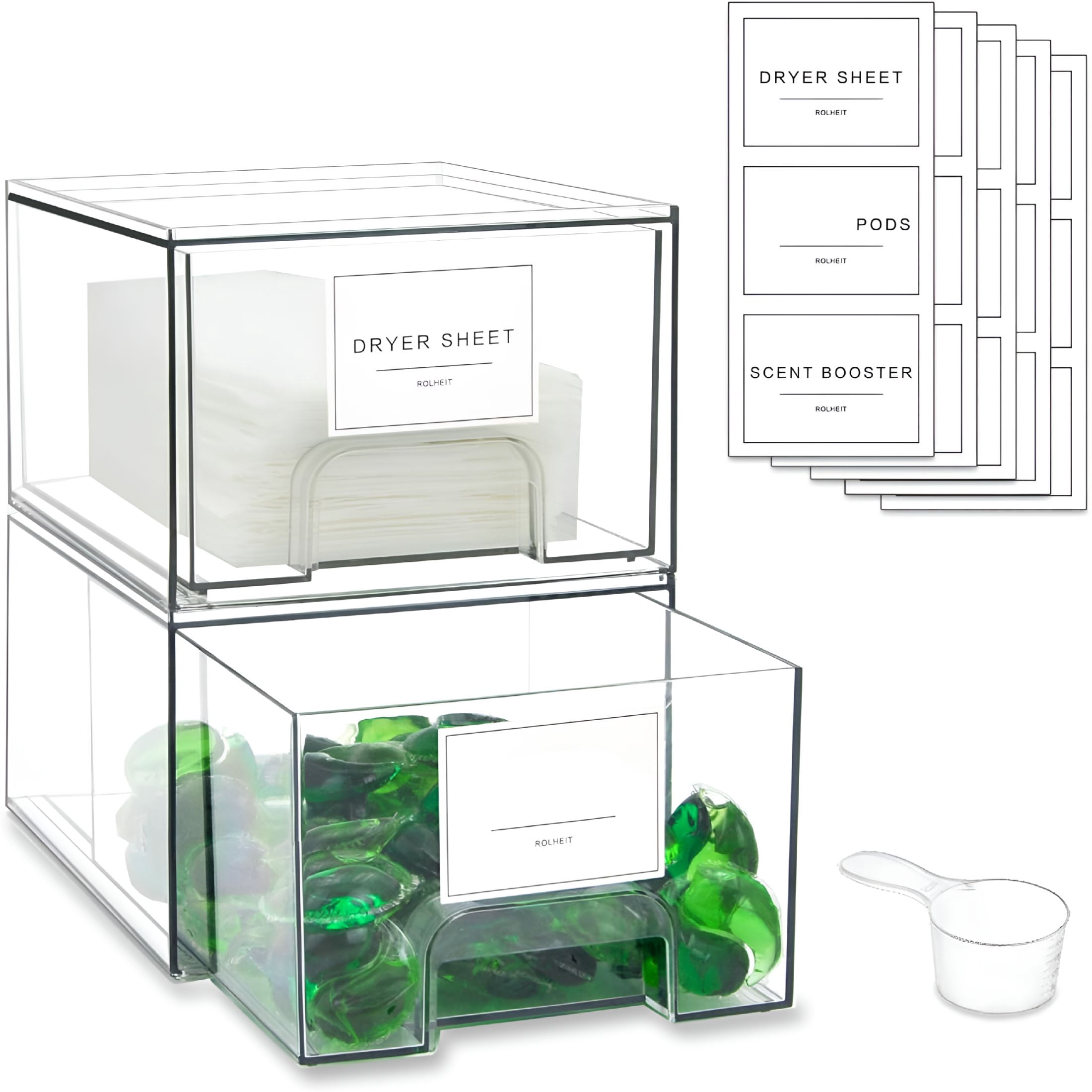 BPPEG 2 Pack Laundry Room Organization Storage Drawers with Labels, Clear Stackable Dryer Sheet Holder and Pod Containers, Detergent Dispenser for Laundry Room Organizing and Decor