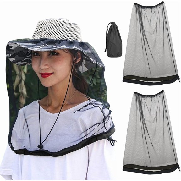 BPPEG 2 Pack Premium Mosquito Head Net for Insect & Fly Protection, Extra-Fine Holes Bug Netting Face Shield Fit for All Hat Breathable Mosquito Head Net