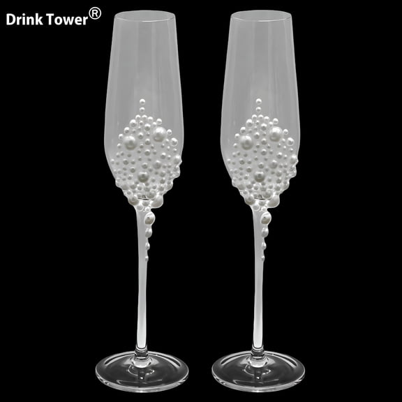 BPPEG 2 Pcs Crystal Champagne Flutes,Clear Champagne Flute with Pearls,Elegant Wedding Glasses for Bride Groom,Toasting Cups for Couples,Engagement Wedding House Warming Present
