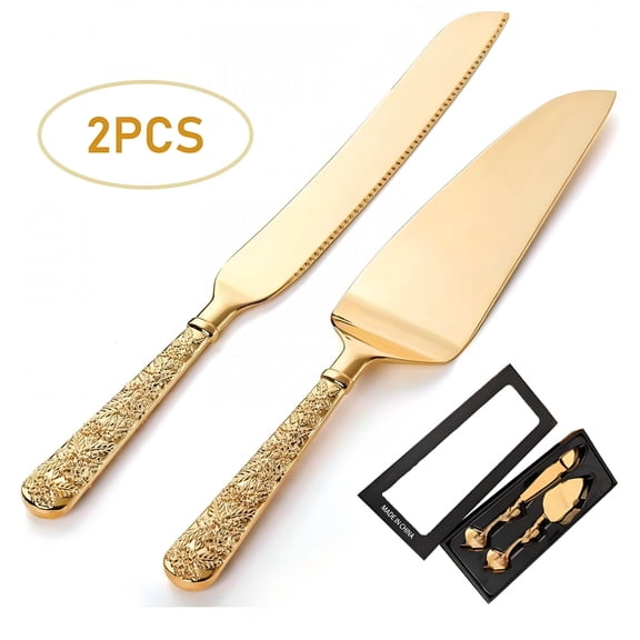 BPPEG 2 Pcs Gold Cake Knife and Server Set,Wedding Cake Cutting Utensils,Vintage Engraved Cake Cutter and Serving Spatula for Birthday,Anniversary,Vibrant Gold Cake Cutting Set