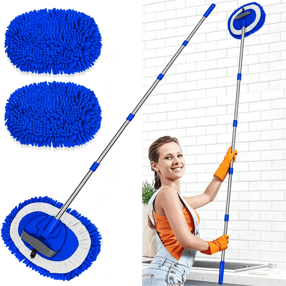 BPPEG 2 in 1 Lightweight Wall Cleaner Mop with Long Handle, 75" Lint-Free Duster 2 Pads for Baseboard Ceiling Floor Blue