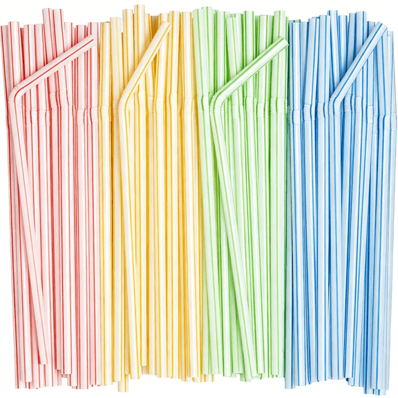 BPPEG [200 Pack] Flexible Disposable Plastic Drinking Straws - 7.75High - Assorted Colors Striped