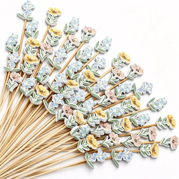 BPPEG 200 Pcs Wildflower Cocktail Picks Long Spring Flower Bamboo Toothpicks Wildflower Party Supplies Drink Fruit Appetizers Decoration Skewer Stick for Baby Showe Shower Wedding Valentines