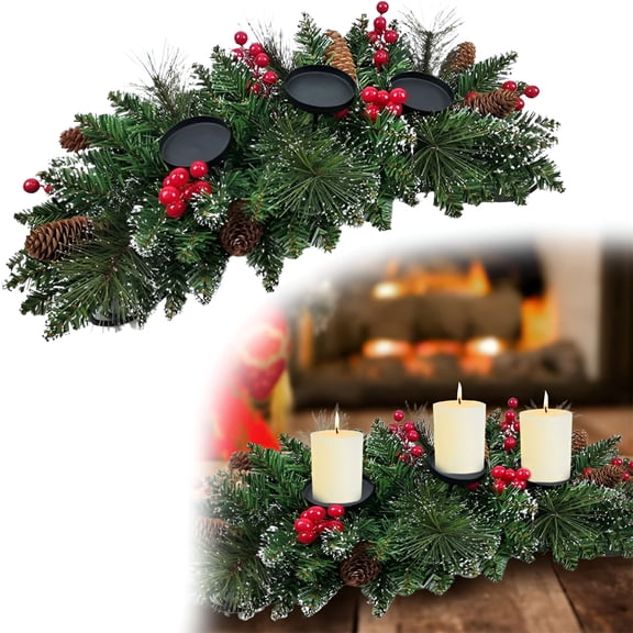 BPPEG 2026 New 17.72"Christmas Centerpiece with 3 Candle Holders Trays,Christmas Centerpieces for Tables,Dining Table Decor with Red Berry Pinecone Snowy Pine Cypress Metal Base Xmas Tabletop Decor