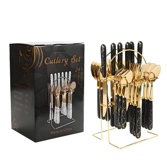 BPPEG 2026 New 24Pcs Spoons and Forks Set 410 Stainless Steel Utensils Set Imitation Ceramic Handle Multi-Purpose Flatware Set for Home,Dining,Party,Restaurant,Black Gold