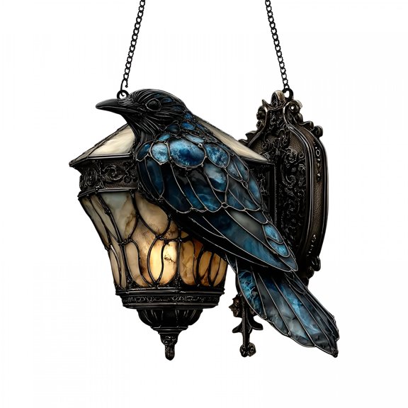 BPPEG 2026 New Acrylic Suncatcher Ornament  Faux Stained Glass Halloween Crow on Lamp,Halloween Decor for Dark Home