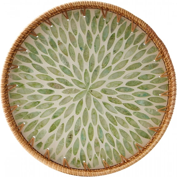 BPPEG 2026 New Round Rattan Tray with Mother of Pearl Inlay,Rattan Serving Tray with Wooden Base,Decorative Wicker Basket for Table Decor,Storage and Display of Coffee Bread Food Fruit (Leaf)