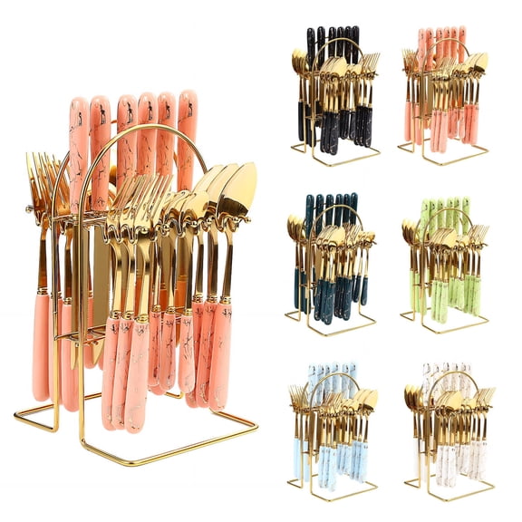 BPPEG 24-Piece Stainless Steel Cutlery Set with Storage Rack, Nordic Marble Pattern Flatware for Dining, Elegant Pink Fork and Spoon Set