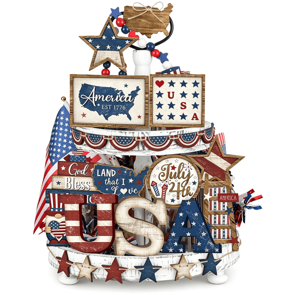 BPPEG 25 Pcs 4Th of July Tiered Tray Decorations Set Wood Patriotic Decoration Rustic American Flag Star Red White Blue Farmhouse Decor for Memorial Day Home Indoor Birthday Party