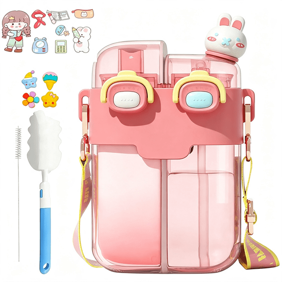 BPPEG 26Oz Kawaii Water Bottle with Strap,Split Cups for Drinks Dual Compartment,Double-Sided Leakproof Design,Fountain Straw & Portable for Travel Sports (Purple) (Pink)