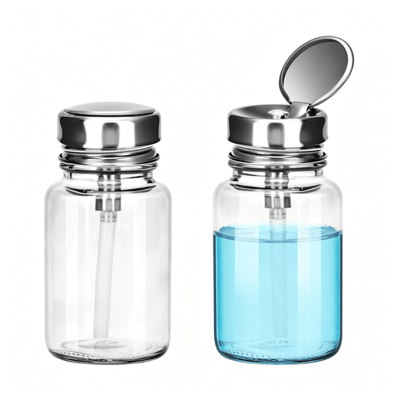 BPPEG 2Pcs 6Oz/180Ml Clear Glass Pump Dispenser Bottle with Metal Flip Top & Copper Core  Refillable Push-Down Press Container, Nail Polish Remover, Makeup (Round Shaped)