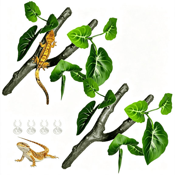 BPPEG 2Pcs Reptile Fake Plants for Terrarium Decor,Reptile Corner Branch with Leaves Artificial Snake Plant Bearded Dragon Tank Accessories for Gecko Lizard Chameleon Ball Python Frog (Monstera)