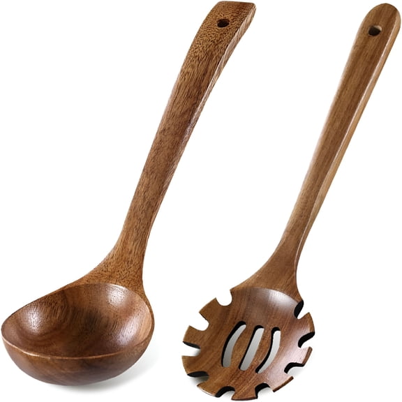 BPPEG 2Pcs Wooden Ladle Set,Wood Ladle and Wooden Pasta Spoon with Hole,Durable Natural Wood,Non Scratch Cooking Tools for Soup,Pasta and Stirring