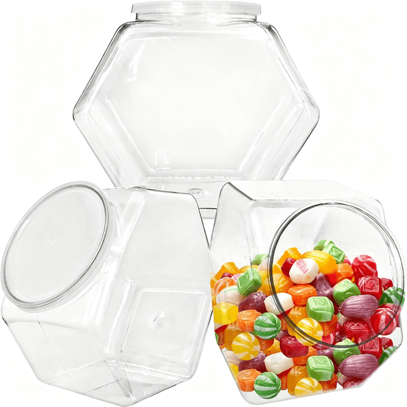 BPPEG 3 Pcs Plastic Candy Jars,Clear Cookie Jars 71 Oz for Kitchen Counter,Hexagon Cookie Jars with Lids,Plastic Dry Food Jar for Candy Buffet Plastic Candy Jars with Lids
