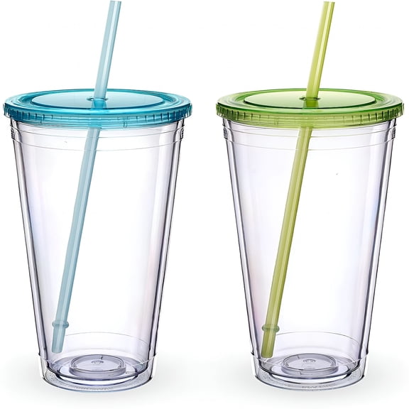 BPPEG 32oz Colorful Tumblers with Lid and Straws,Double Walled Clear Plastic Straw Cup,Reusable Insulated Cups Perfect for Parties,Birthdays,Weddings,Graduation - 2 Pack