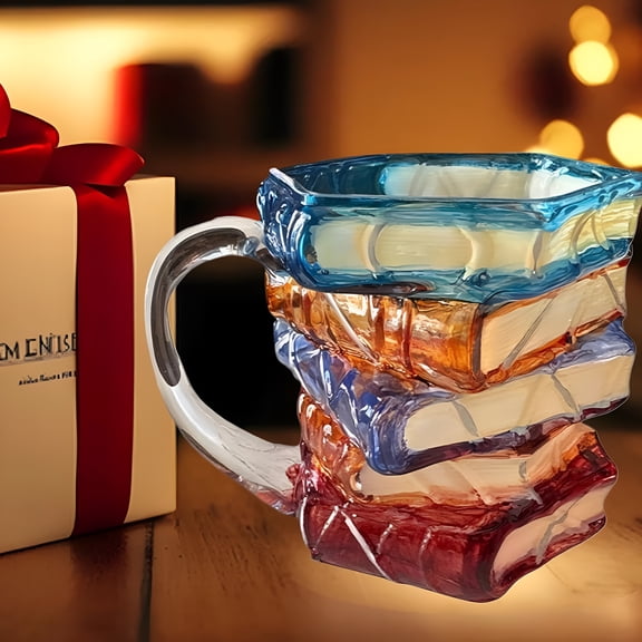 BPPEG 3D Painted Book Stack Glass Coffee Mug, 12.99 oz Colorful Heat-Resistant Cup, Christmas & Holiday Gifts for Book Lovers, Readers, Writers, Librarians, Book Club and Bookworm Fans