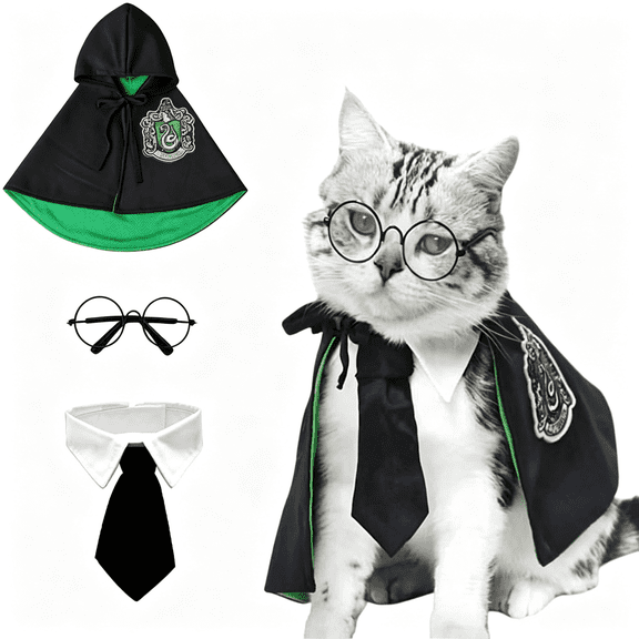 BPPEG 3Pcs Halloween Dog Costume Cat Wizard Cape Glasses and Necktie Set Halloween Puppy Outfit Pet Academy Magician Cosplay Apparel for Kitten Cat Small Dogs (Black+Green, Medium)