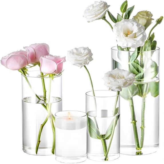 BPPEG 4 Pack Glass Cylinder Vases 4,6,8,10 Inch Tall Clear Flower Vase Hurricane Floating Candle Holder for Table Centerpiece Wedding Home Decor