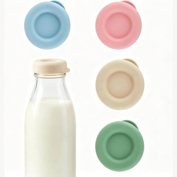 BPPEG 4 Pack Silicone Bottle Caps,48Mm Reusable Replacement Lids for Glass Milk Bottles,Airtight Silicone Covers for Beverage Bottles and Kitchen Storage,Green Blue Pink Beige