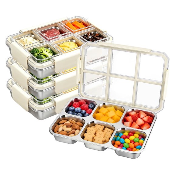 BPPEG 4 Pack Stainless Steel Snack Containers with Lids, 6 Compartment Leakproof | Portion Control Snack Boxes for Adults, Food-Grade Reusable Snack Box for Office Desk, Travel, Picnic, Dishwasher