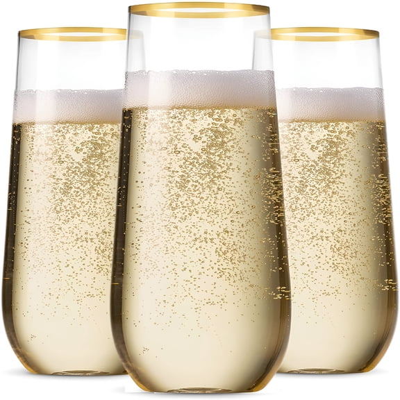 BPPEG 48 Pack Stemless Plastic Champagne Flutes Disposable 9 Oz Gold Rim Clear Plastic Toasting Glasses Shatterproof Recyclable and Bpa-Free Champagne Glasses Disposable