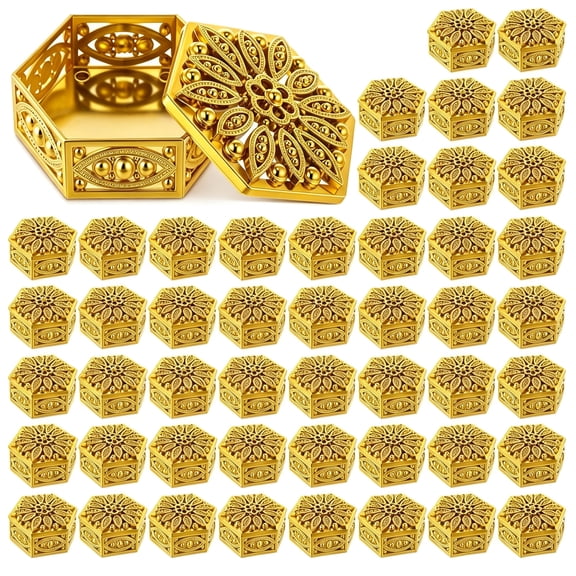 BPPEG 48 Pcs Indian Return Gifts for Pooja Bulk Hollow out Hexagon Candy Boxes Decorative Candy Containers Golden Hexagon Box Storage Gift Boxes for Wedding Christmas Birthday Party Decorating