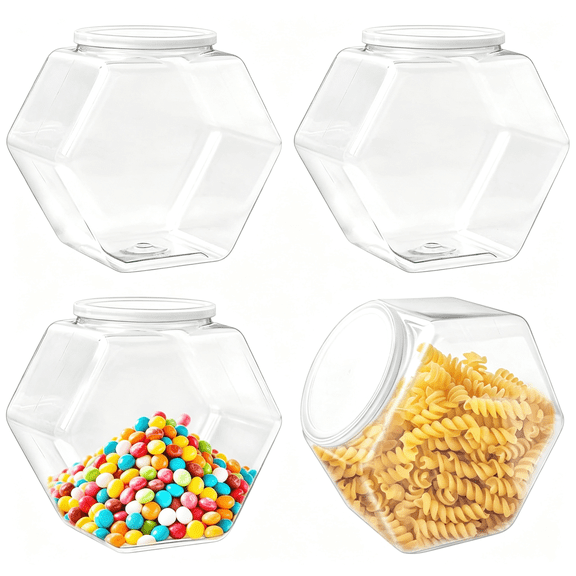 BPPEG 4Pack Plastic Candy Jars with lids,71Oz Clear Cookie Jars,Hexagon Candy Containers for Candy Buffet,Snacks,Food,Coffee Pod,Dog Treats,Washing Powder,Kitchen Storage