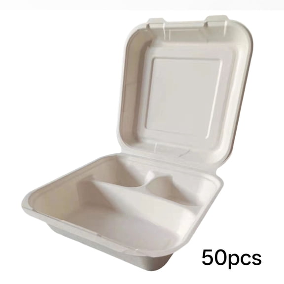 BPPEG 50-Pack 9X9 3-Compartment Compostable Takeout Containers, Eco-Friendly Sugarcane Bagasse, Biodegradable Disposable to Go Boxes