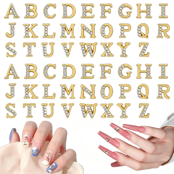 BPPEG 52Pcs Letter Nail Art Charms 3D Gold Rhinestone Initial Charm 3D Design Letter Charms