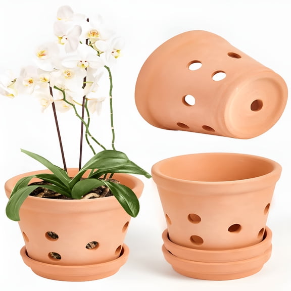 BPPEG 6 Inch Terracotta Orchid Pots with Drainage Holes and Saucers, 3 Pack Small Clay Planters for Repotting, Promotes Air Circulation for Indoor and Outdoor