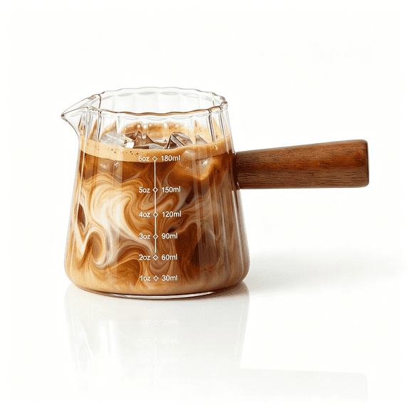 BPPEG 6 Oz Espresso Cups with Wood Handle,Espresso Accessories,Ribbed Milk Frothing Pitcher,Glass Measuring Cup,Shot Glass with V-Shaped Mouth,Coffee Bar Espresso Shots Cup