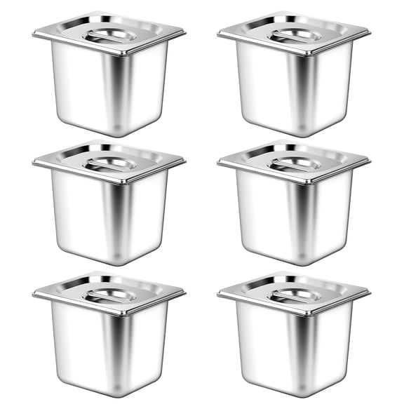 BPPEG 6 Pack 1/6 Size Hotel Pan with Lids,6 Deep Steam Table Pan with Lid,6.5L x 7W Stainless Steel Pans for Home,Party,Hotel,Buffet Catering,Anti-Jam Food Storage Metal Pan,1 Tong