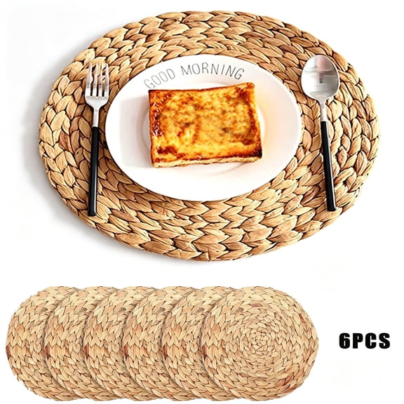 BPPEG 6 Pack Natural Water Hyacinth Weave Placemat Round Rattan Tablemats for Kitchen Rattan Placemats