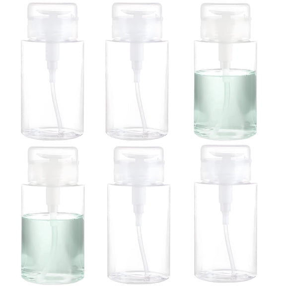 BPPEG 6 Pcs Push Down Pump Dispensers, 6.8 Oz Clear Pet Plastic Pump Bottles with Locking Cap - Refillable Liquid Dispensers for Makeup Remover, Toner, Lotion & Nail Polish Remover